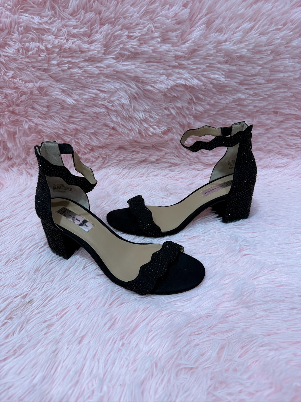 Black Scalloped Ankle-Strap Block Heels with Sparkle